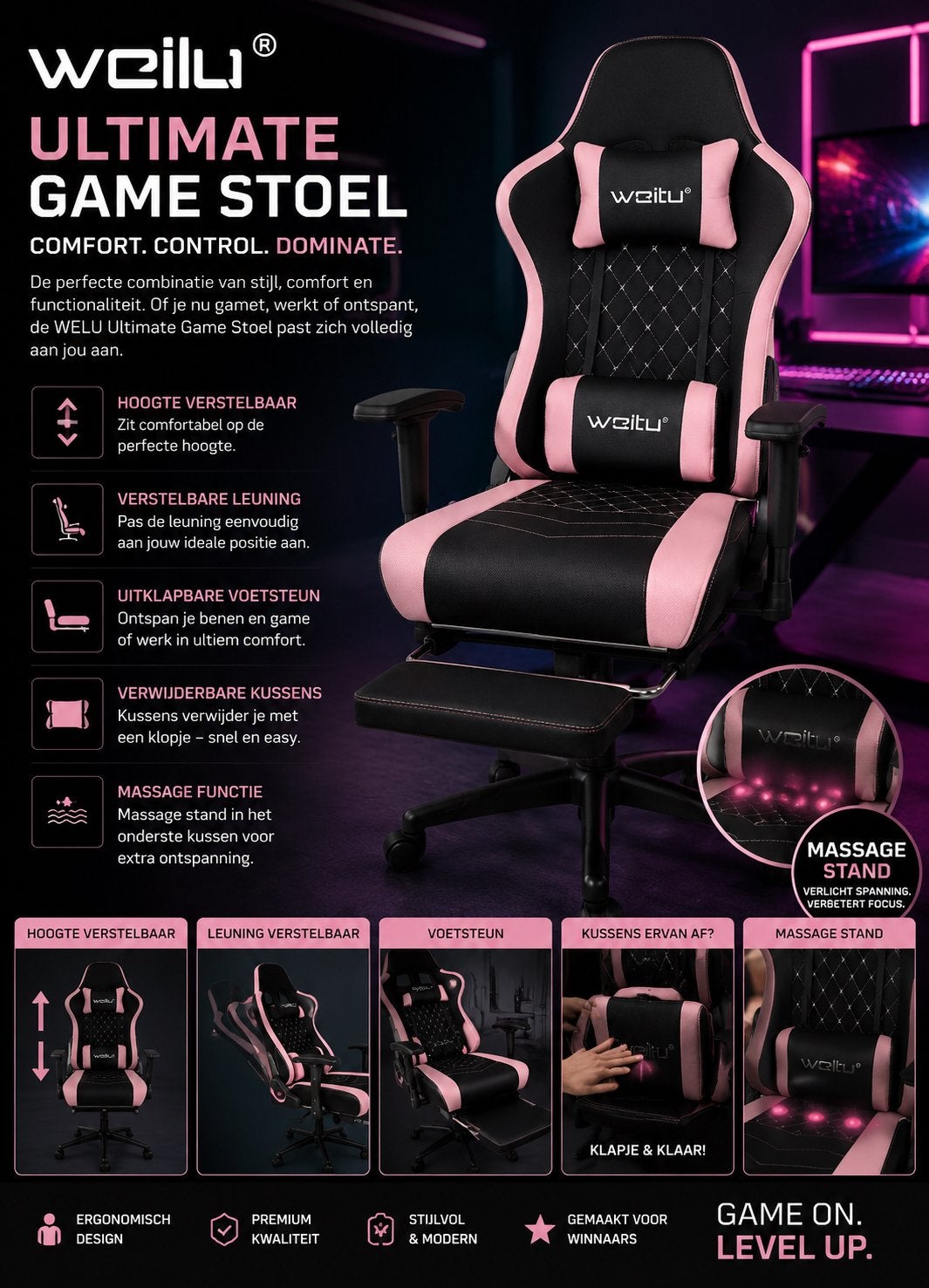 Gamingstoel met voetensteun en massage, Tickets en Kaartjes, Evenementen en Festivals, Eén persoon