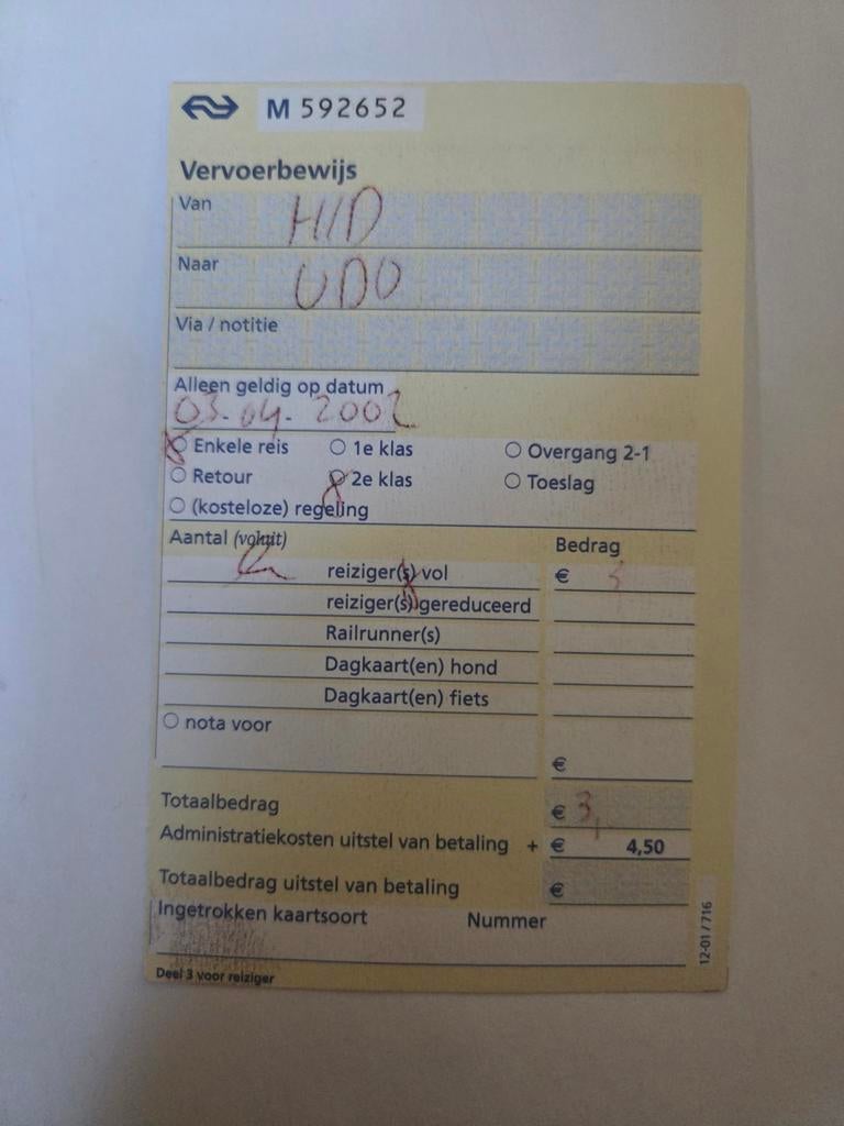 NS Vervoerbewijs M 592652 - Historisch Treinkaartje, Ophalen of Verzenden