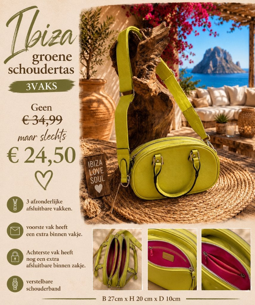 Ibiza groene schoudertas 3vaks, Ophalen of Verzenden, Nieuw, Groen, Handtas