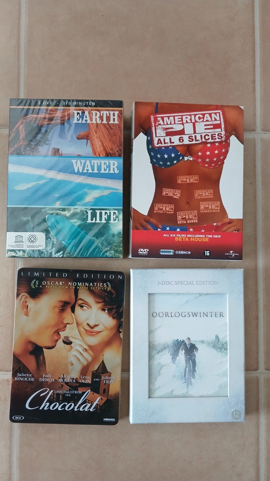 DVD-collectie: American Pie, Chocolat, Oorlogswinter, Earth, Gebruikt, Vanaf 16 jaar, Nederlands, Ophalen of Verzenden