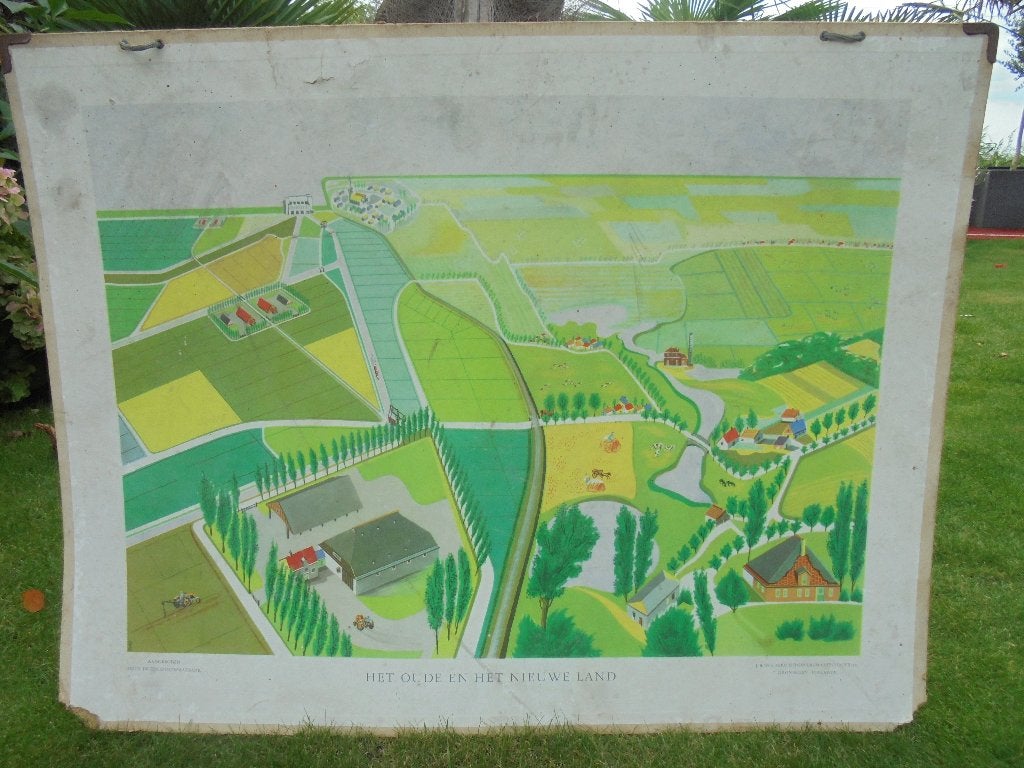 Schoolplaat 1950 : Beeld van inpoldering van voormalige zee, Antiek en Kunst, Antiek | Schoolplaten, Ophalen of Verzenden, Stad- en Dorpsgezichten