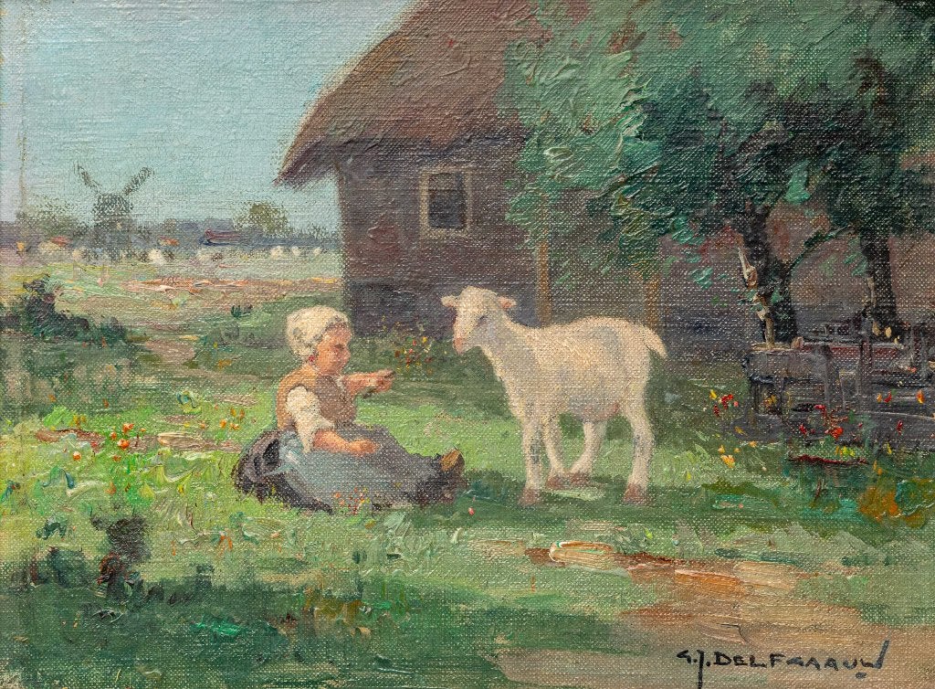 Gerard Delfgaauw (1882-1947), Kind speelt met een lammetje, Ophalen of Verzenden