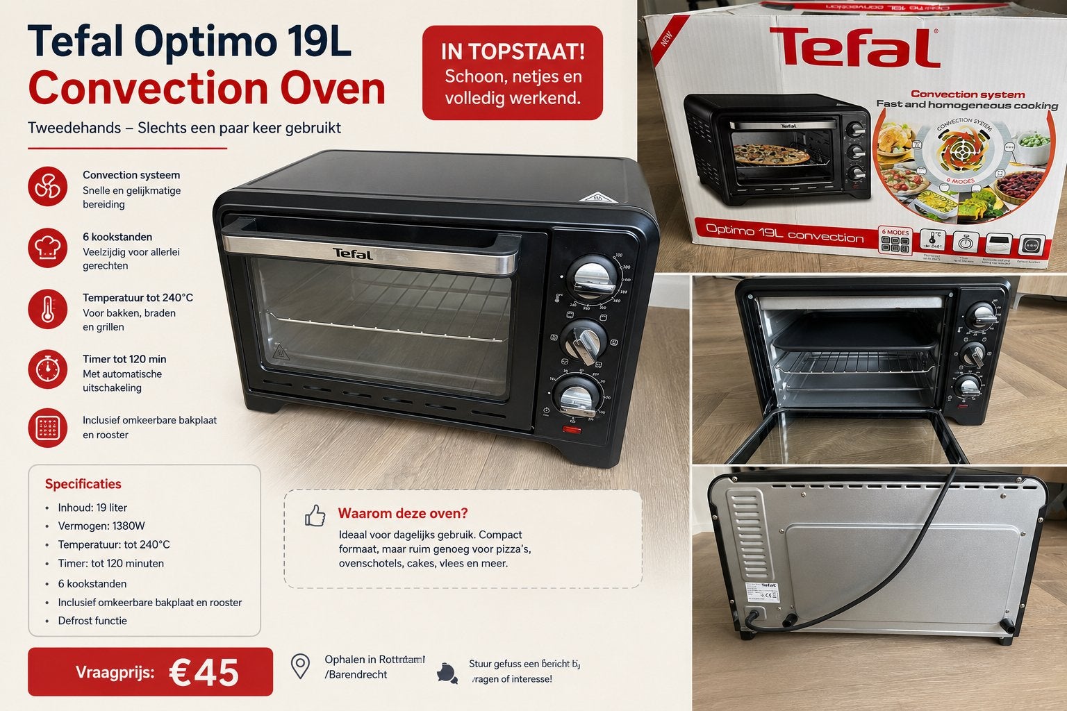 Tefal Optimo 19L Convectie Oven - Zo goed als nieuw, Ophalen, Minder dan 45 cm, Oven, Hete lucht