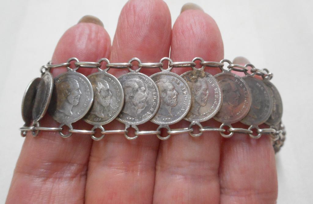 Zilveren antieke munten armband koning willem III nr.1462, Verzenden, Zilver, Armband
