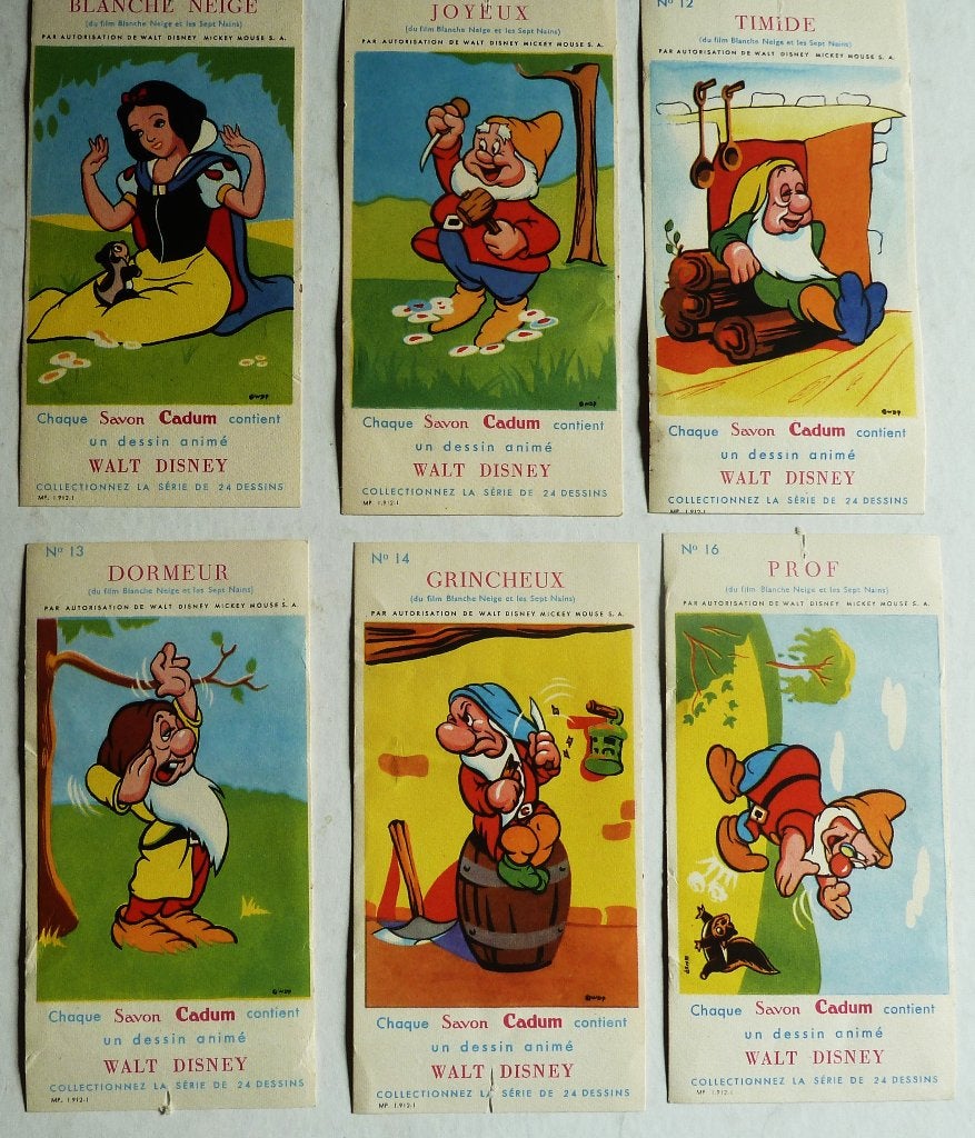 Sneeuwwitje 6 Savon Cadum plaatjes  jaren 40 Walt Disney, Ophalen of Verzenden, Gebruikt, Reclamebord
