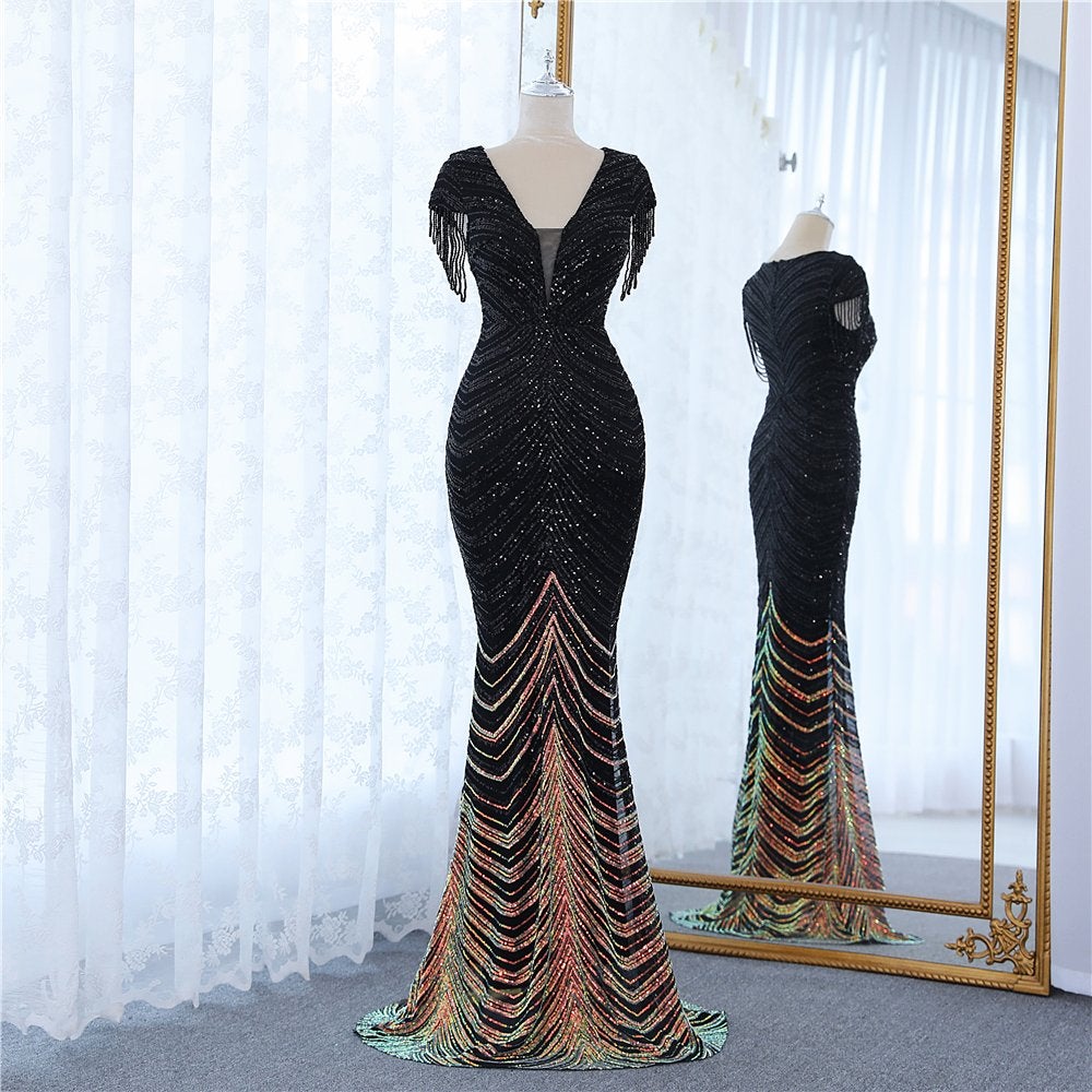 Zwarte lange mermaid jurk korte mouw gala avondjurk glitter, Galajurk, Verzenden, Zwart, Maat 42/44 (L)