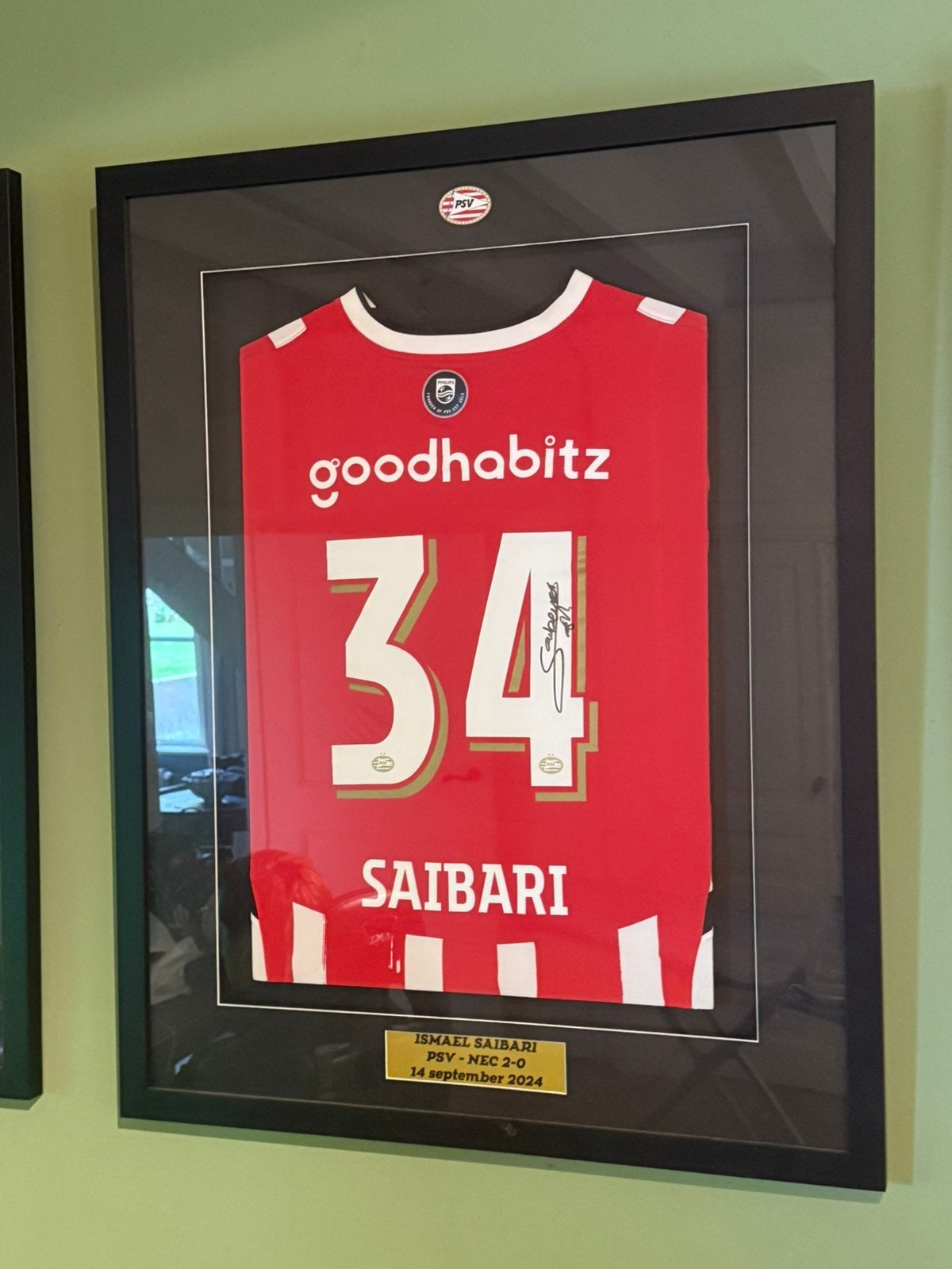 Matchworn PSV shirt Ismael Saibari ingelijst, Ophalen, Zo goed als nieuw, PSV, Shirt