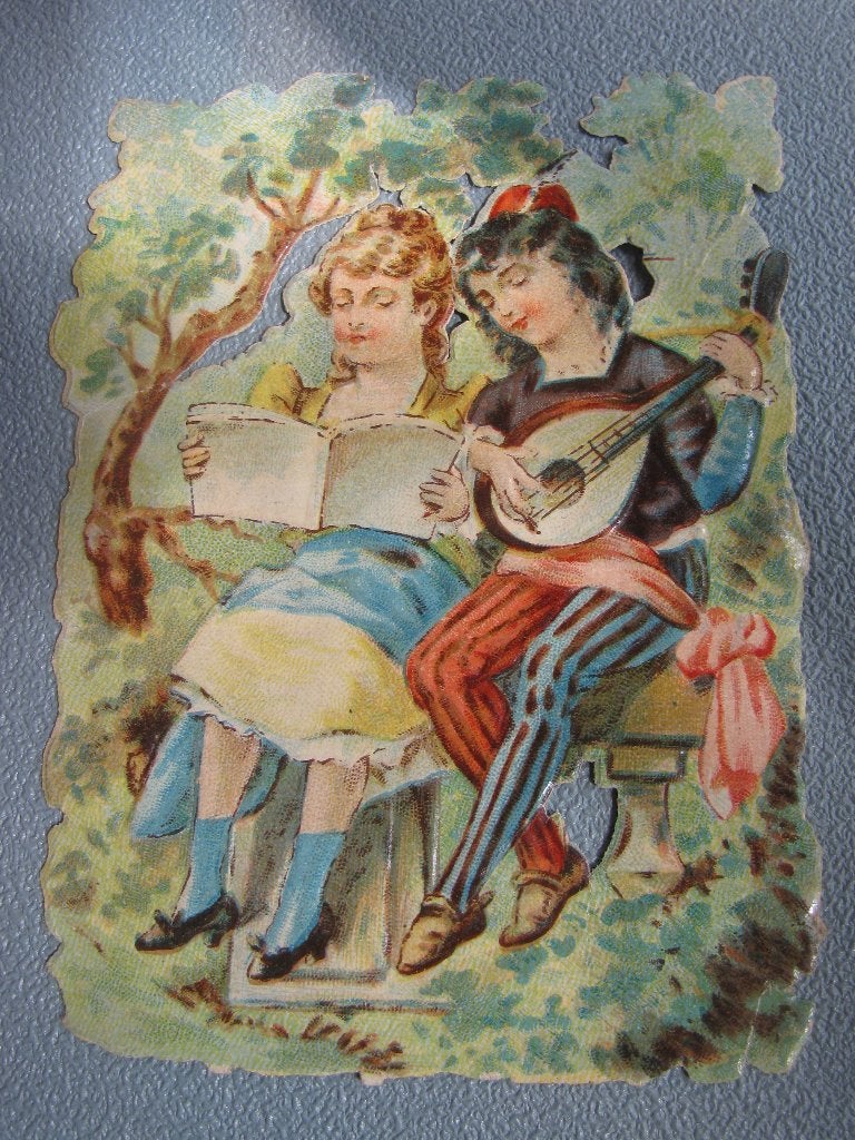 Antiek Poesieplaatje - Kinderen met Boek 10 x 7.5 cm, Verzenden
