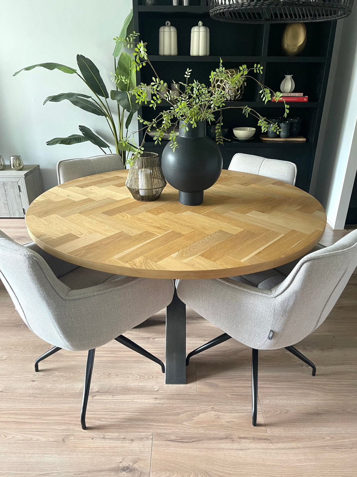 Ronde eettafel massief hout visgraat 140 cm MOET NU WEG, Ophalen, Rond, Zo goed als nieuw, 100 tot 150 cm