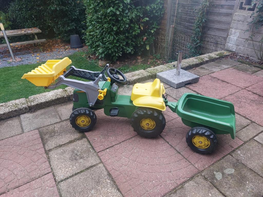 John Deere traptractor met voorlader en aanhanger, Ophalen, Gebruikt, Trapvoertuig