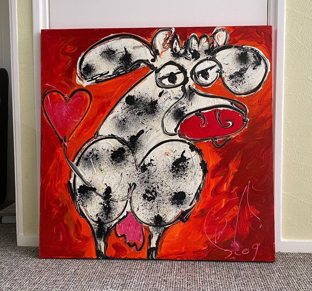 Acrylschilderij. Verliefde koe, Ophalen, Overige materialen, Acrylverf, Dieren