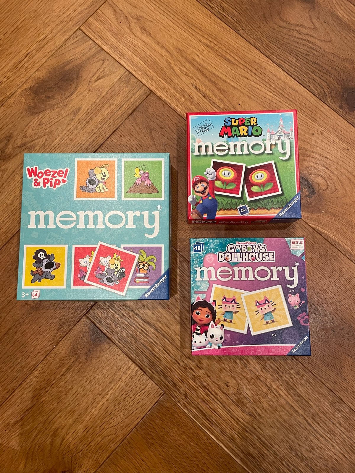 3 Ravensburger Memory Spellen: Woezel & Pip, Mario, Gabby, Ophalen of Verzenden, Gebruikt, Jongen of Meisje