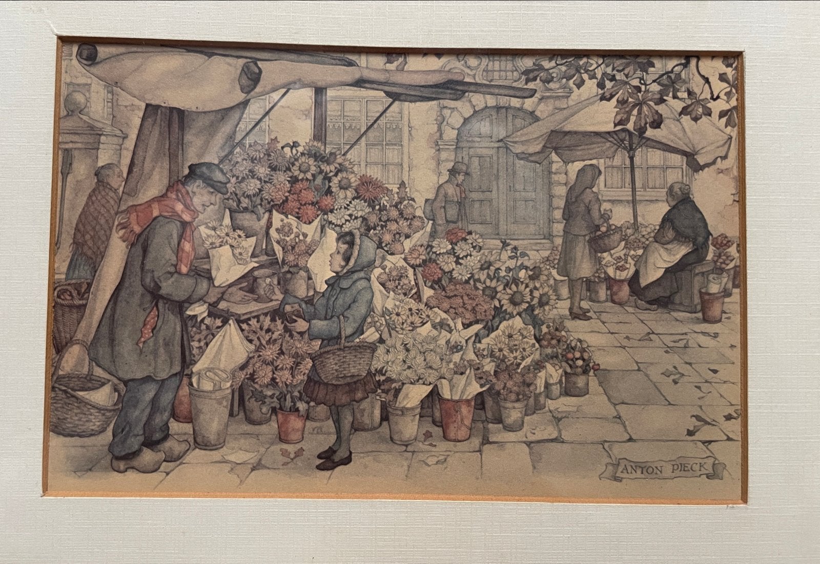 2 Anton Pieck prenten: Wintertafereel & Bloemenmarkt 16x11cm, Antiek en Kunst, Klassiek, Print, Ophalen, Achter glas