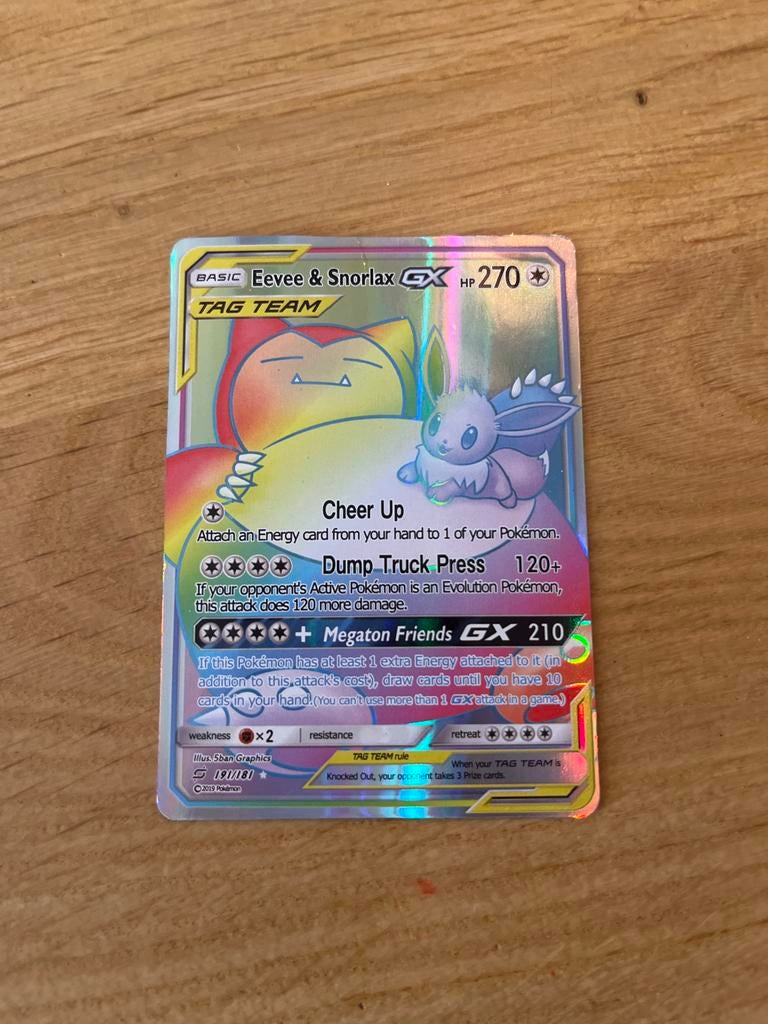 Eevee & Snorlax GX (191/181) Full Art Pokémon Kaart, Ophalen of Verzenden, Zo goed als nieuw, Losse kaart, Foil