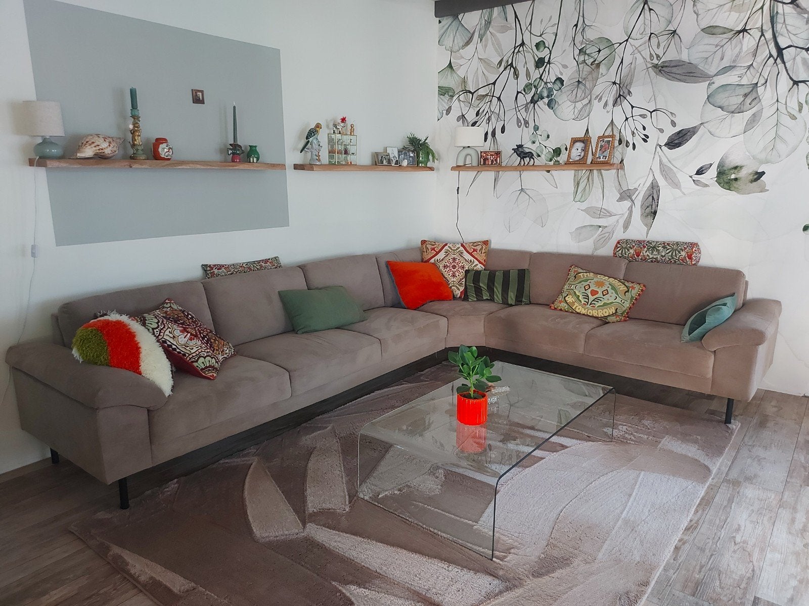 Grote taupe rib hoekbank (3.60x2.85) - Leenbakker, Huis en Inrichting, Ophalen, 125 tot 150 cm, Hoekbank, 300 cm of meer