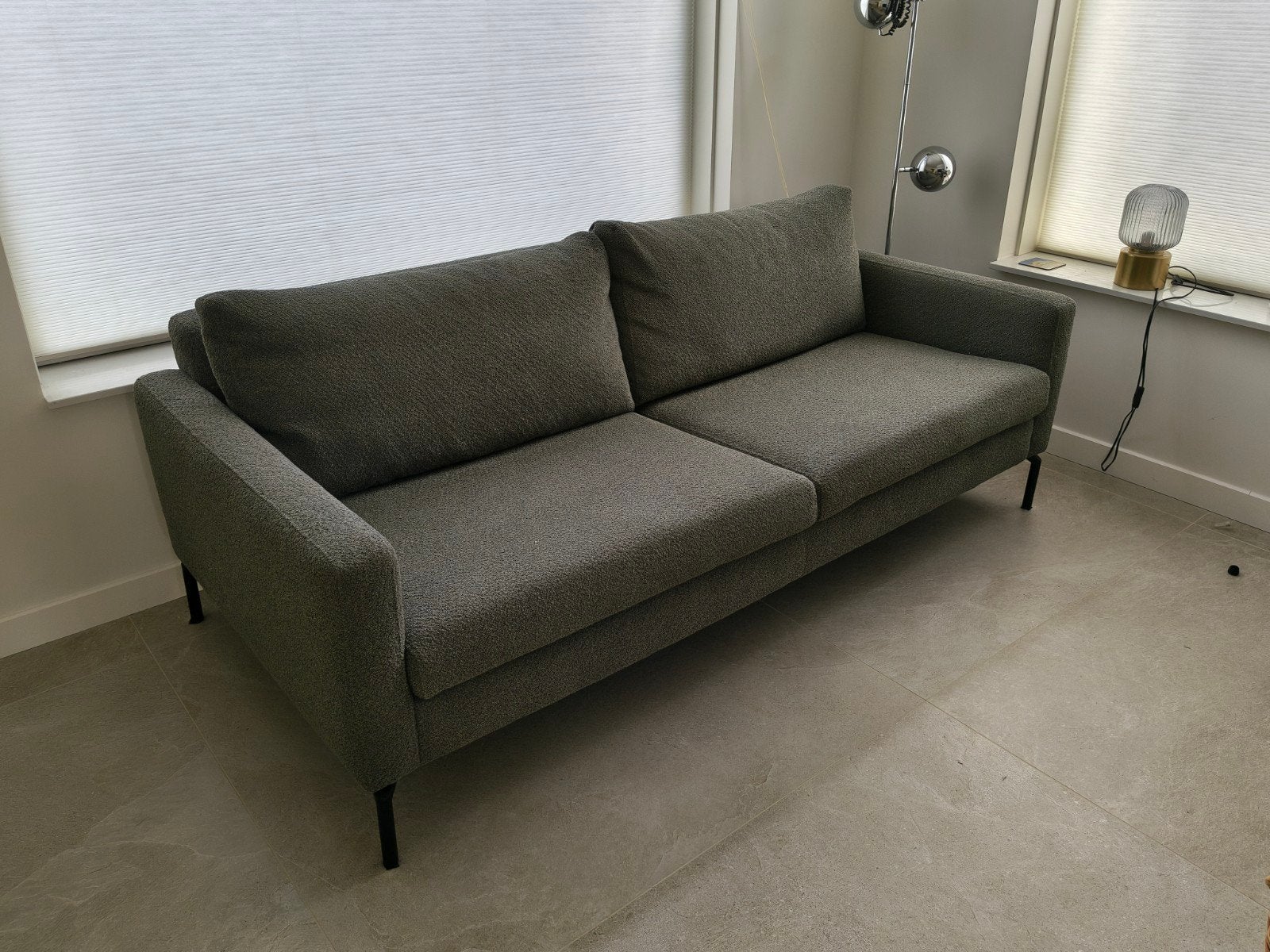 FonQ bank - Olijfgroene teddy stof - 206x97x93 cm, Ophalen, Driepersoons, 75 tot 100 cm, Stof