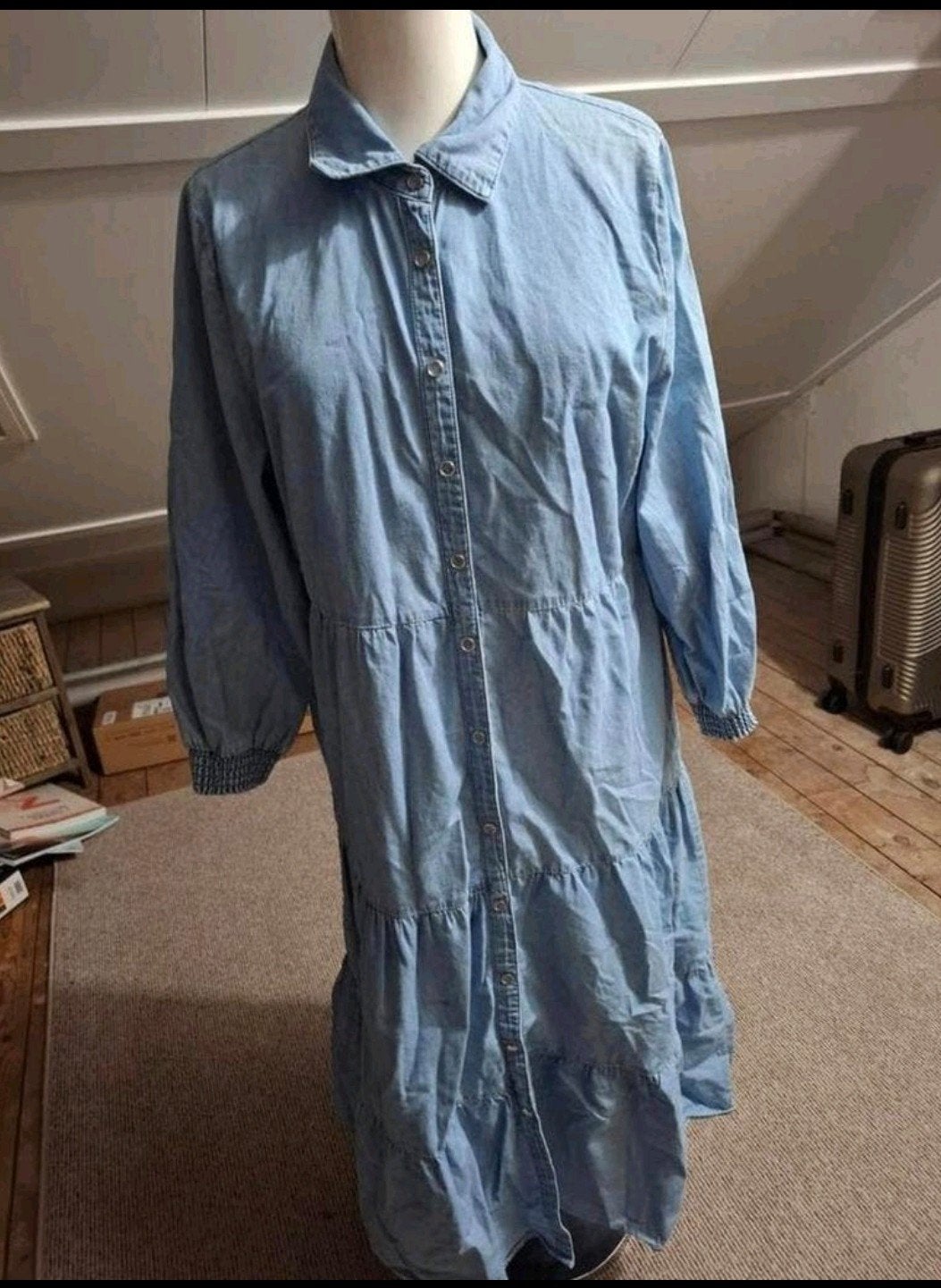 Micha lichtblauwe denim jurk met knoopsluiting - Maat 36 (S), Blauw, Ophalen of Verzenden, Maat 36 (S), Gedragen