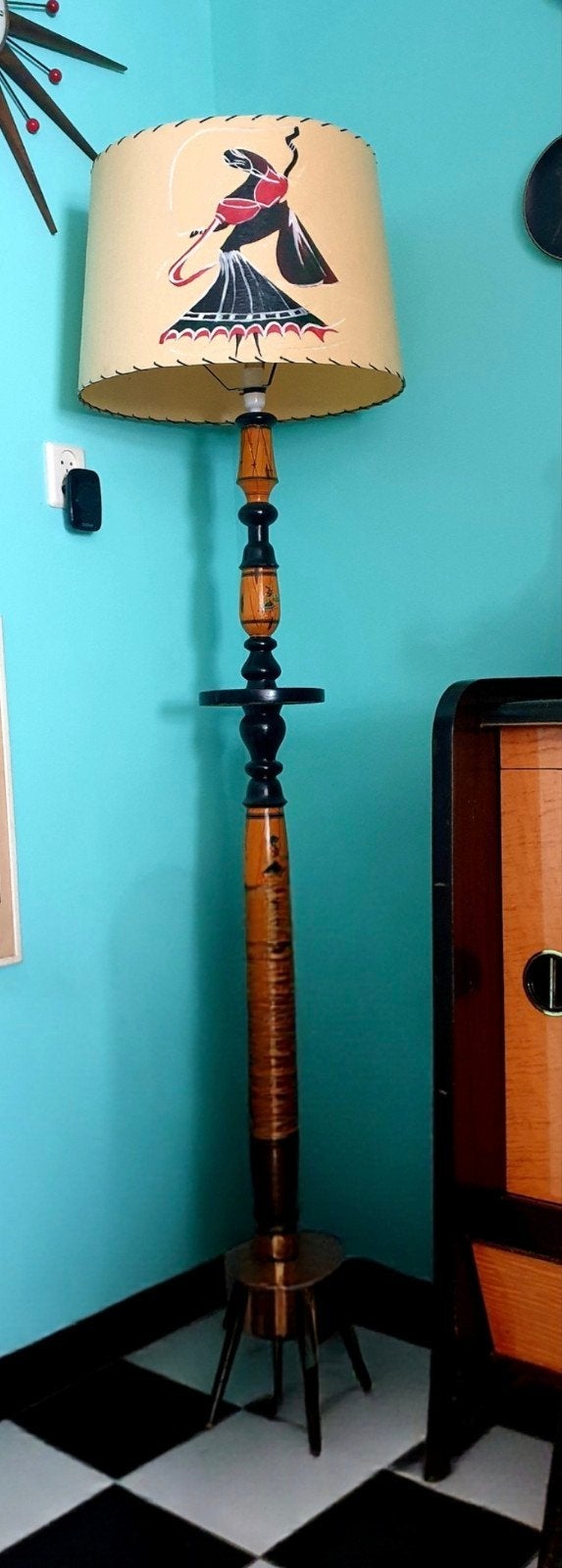 mid century ( ROCKABILLY)Vintage vloerlamp met handgeschilde, Ophalen