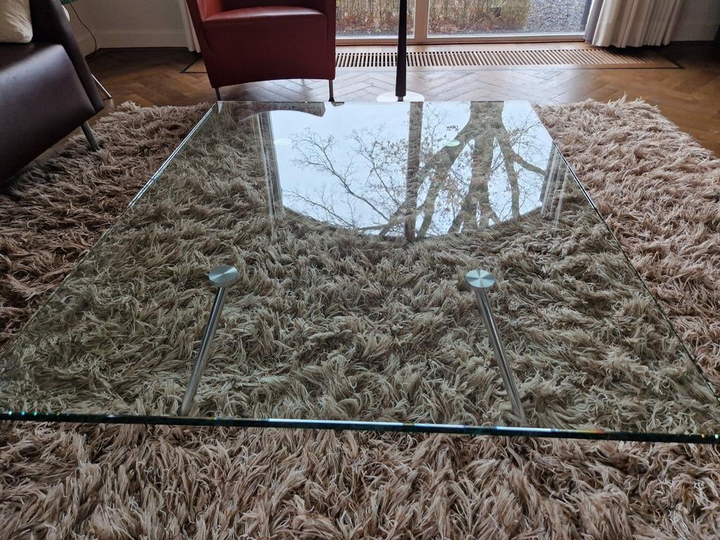 Glazen tafel 100x120cm en glazen bijzettafel 50x50cm, Ophalen, Rond, 50 tot 100 cm, 50 tot 100 cm