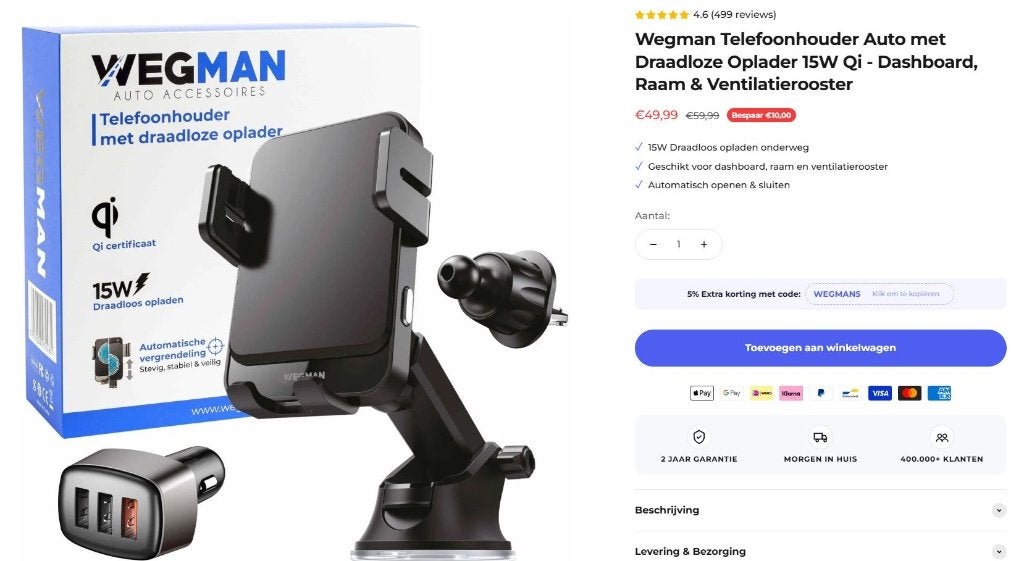 Wegman Auto Draadloze Lader 15W Qi, Draadloze oplader, Nieuw, Ophalen of Verzenden, USB-A