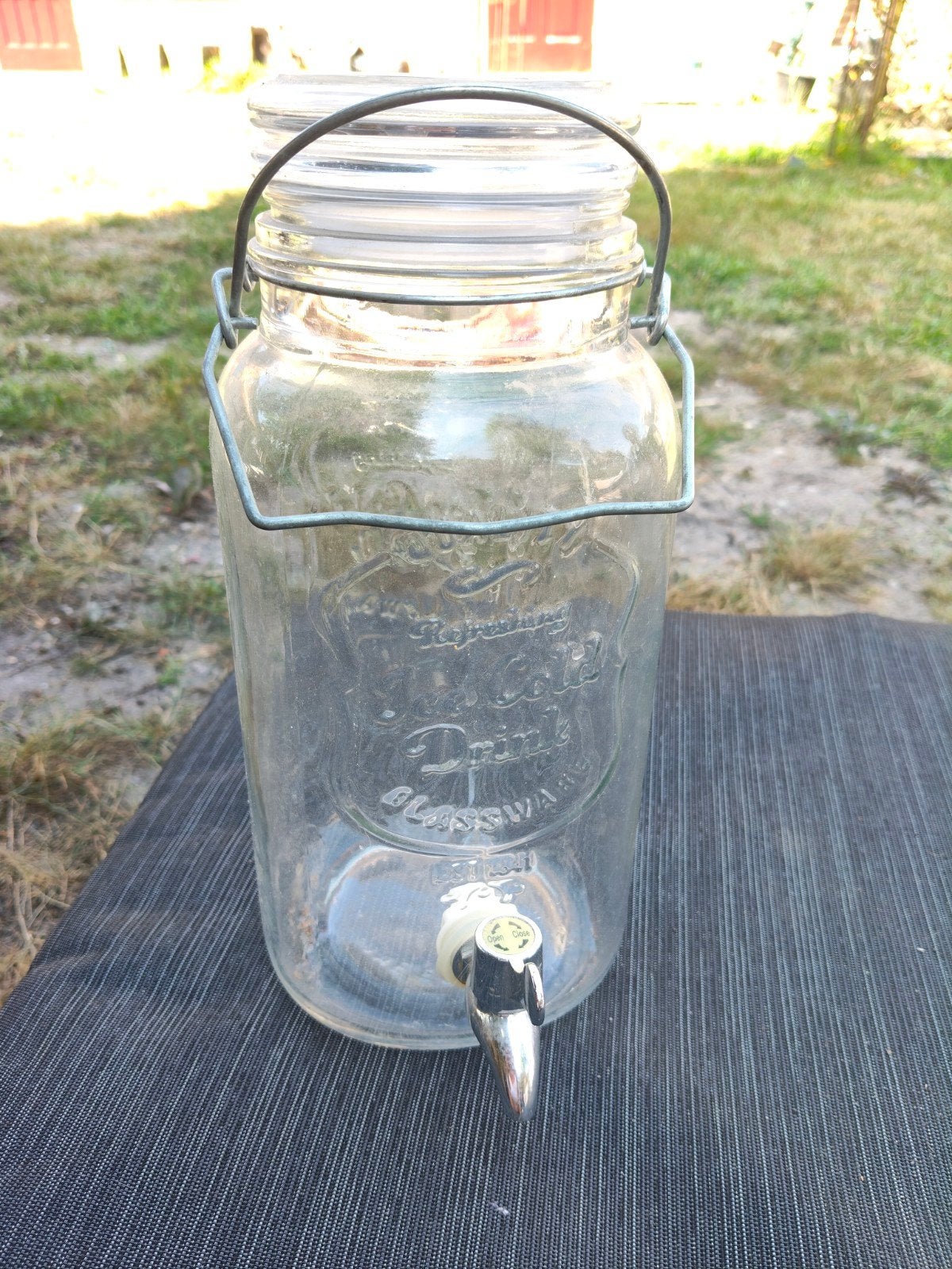 Glazen drankdispenser met tapkraan en beugel, Overige typen, Ophalen of Verzenden, Gebruikt, Glas