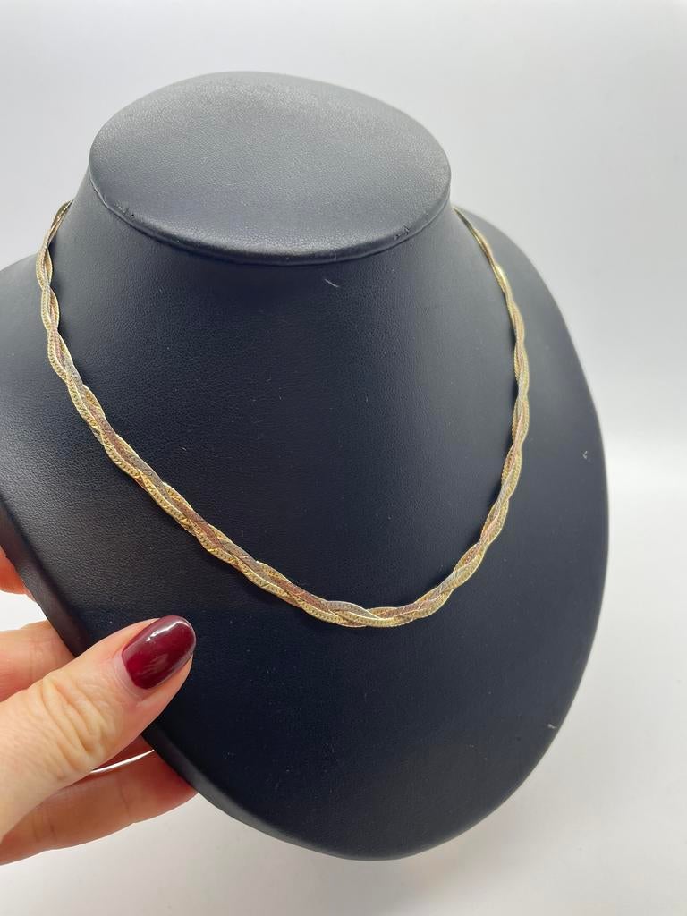 C375 Prachtige zilveren gevlochten ketting tricolor, Ophalen of Verzenden, Zo goed als nieuw, X, Goud