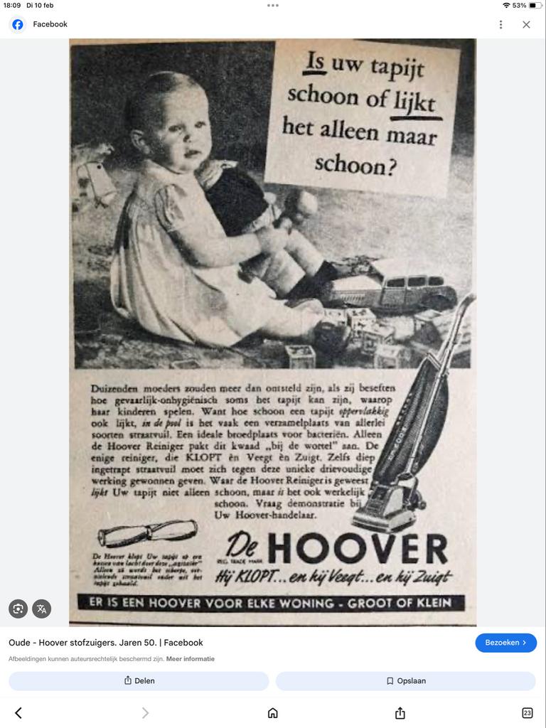 Vintage Hoover Stofzuiger - Jaren 50, Witgoed en Apparatuur, Stofzuigers, Gebruikt, Stofzak, Ophalen of Verzenden