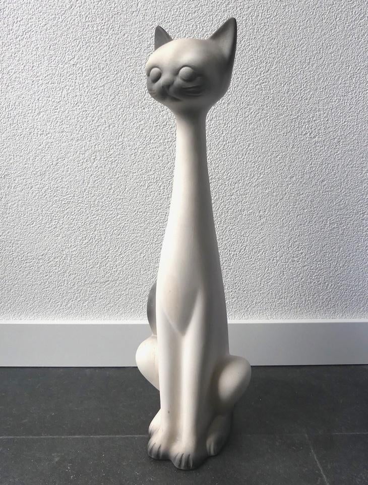 Langnek kat poes XL keramiek vintage kattenbeeld wit grijs, Verzamelen, Beelden en Beeldjes, Ophalen, Gebruikt, Dier