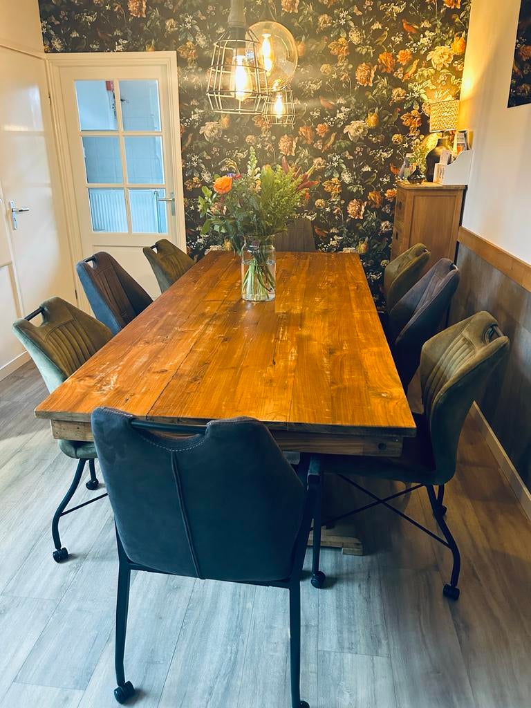 Massief Teak Eetkamertafel met 8 Stoelen, Ophalen, Gebruikt, 100 tot 150 cm, Teakhout