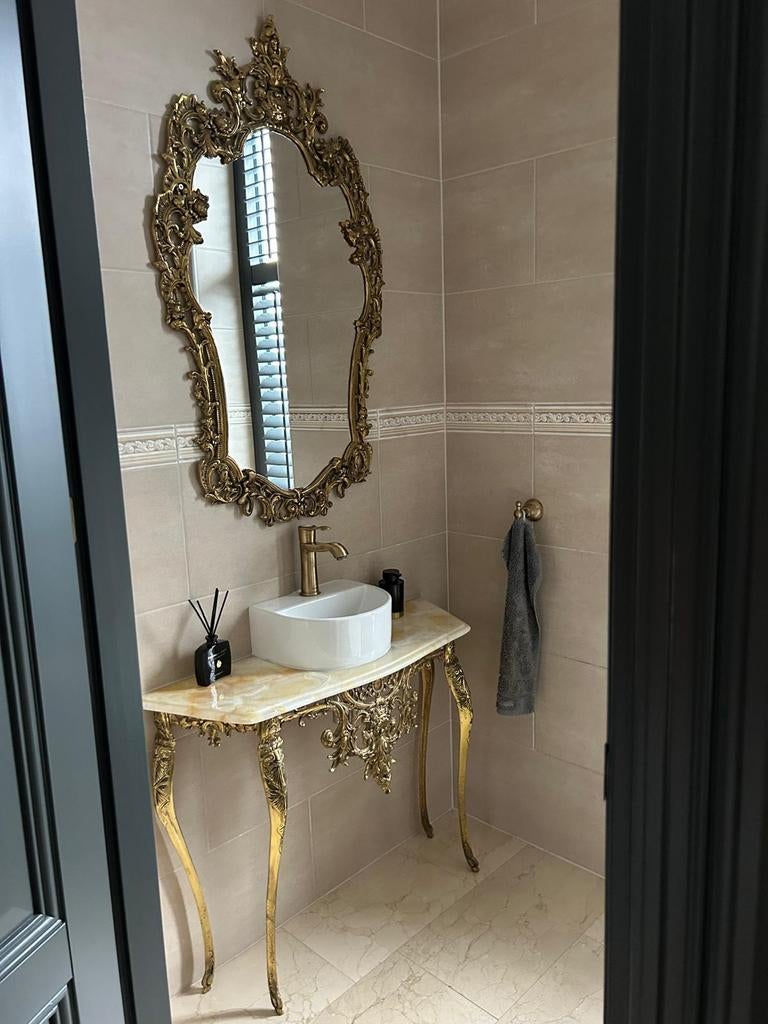 Exclusief toiletmeubel marmer blad messing spiegel, Huis en Inrichting, Badkamer | Badkamermeubels, Ophalen, 50 tot 100 cm, Zo goed als nieuw
