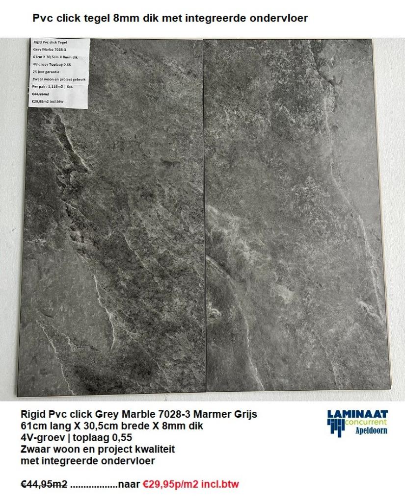 8mm dik Pvc click Marmer Grey met integreerde ondervloer, 75 m² of meer, Nieuw, Ophalen of Verzenden, 8mm dik Pvc click tegel met integreerde ondervloer