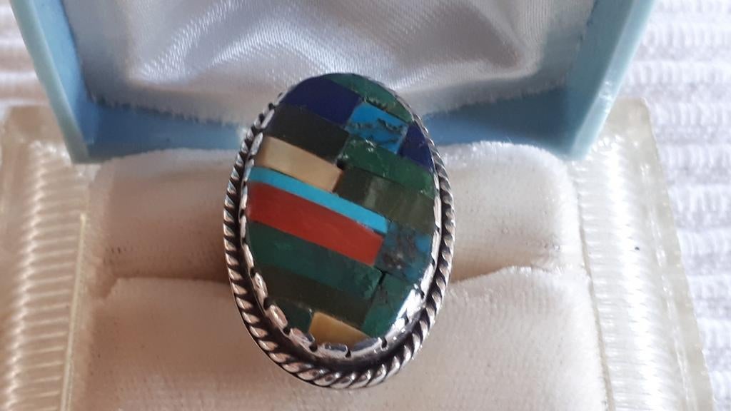 Vint. Mexico Zilver Ring met o.a.Turkoois, Koraal en Lapis, Sieraden, Tassen en Uiterlijk, Antieke sieraden, Verzenden, Zilver
