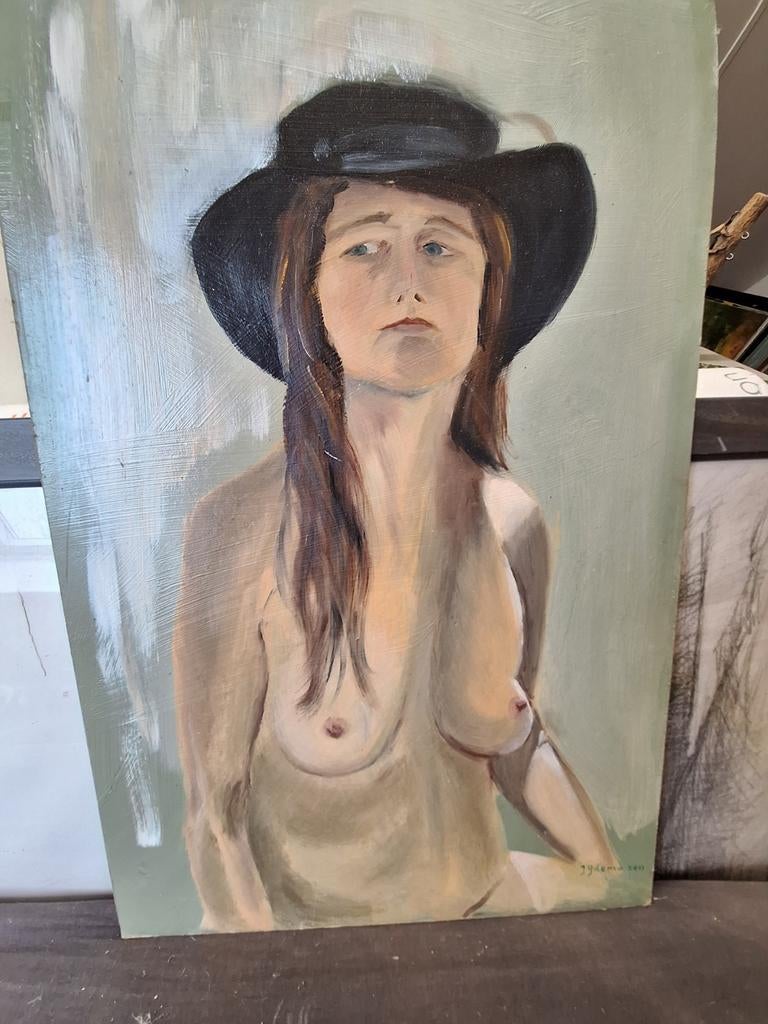Olieverfschilderij van een naakte vrouw met hoed, Ophalen of Verzenden