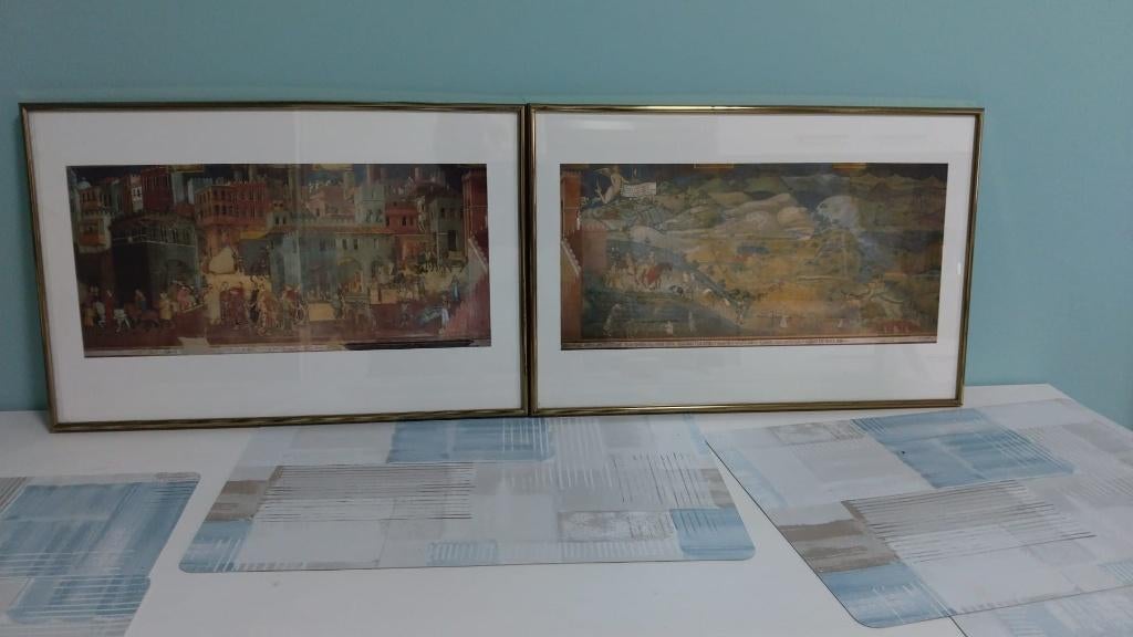 Set van 2 leuke prenten van Ambrogio Lorenzetti, Ophalen, Gebruikt, Voor 1940, Prent
