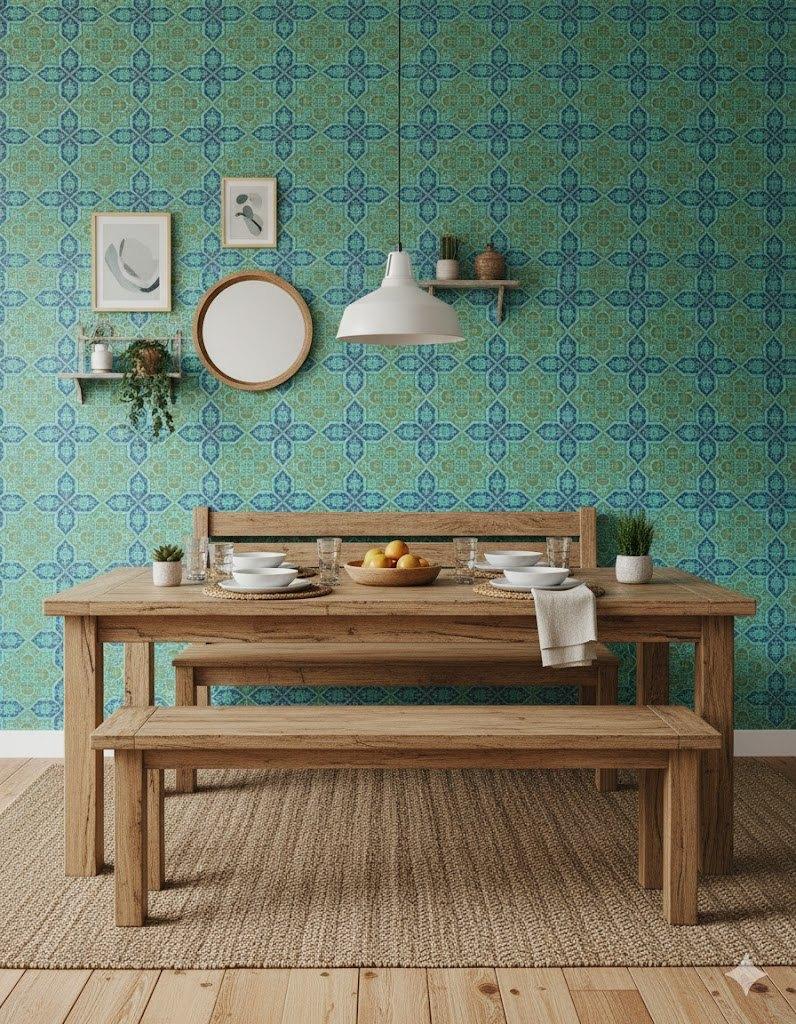 7095 turquoise tegelbehang grafisch vintage gevoel swiet, Verzenden, Minder dan 10 m²