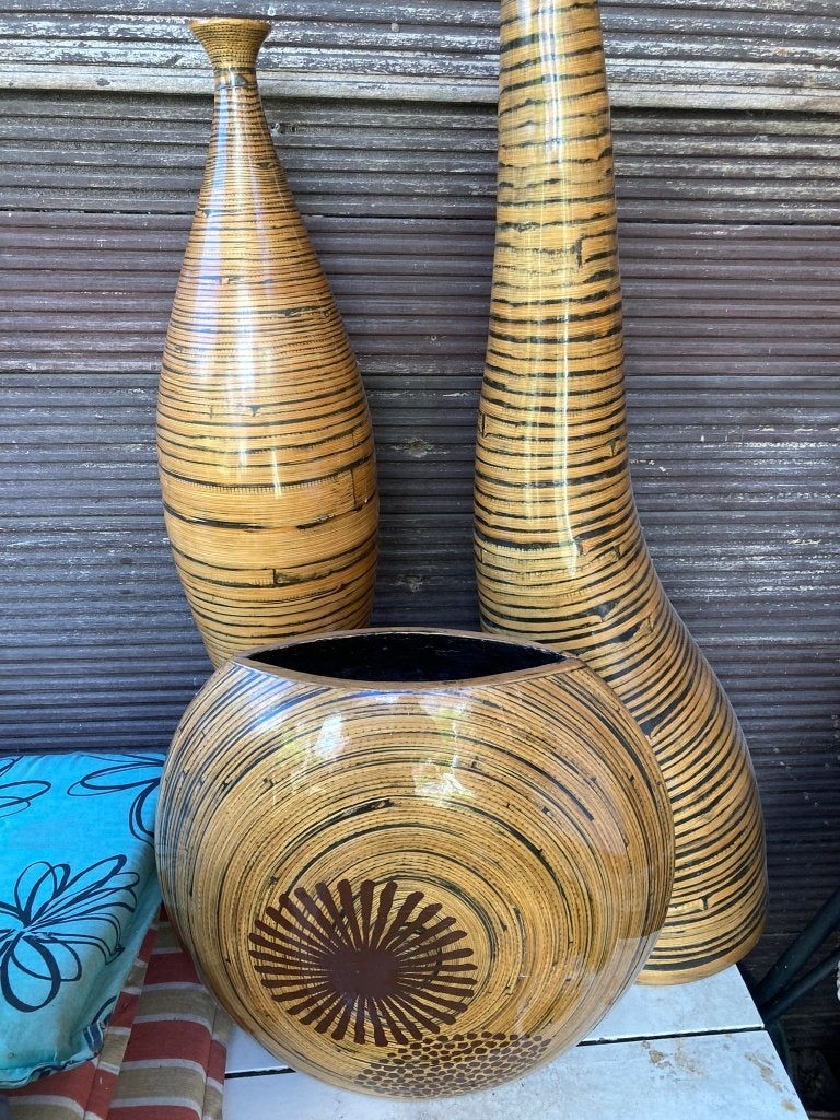 3 bamboevazen, Huis en Inrichting, Woonaccessoires | Vazen, Ophalen, Gebruikt, Overige kleuren, Hout