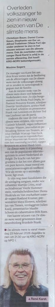 René Karst in nieuw seizoen van De slimste mens. Krantart, Ophalen of Verzenden, 1980 tot heden, Nederland, Knipsel(s)