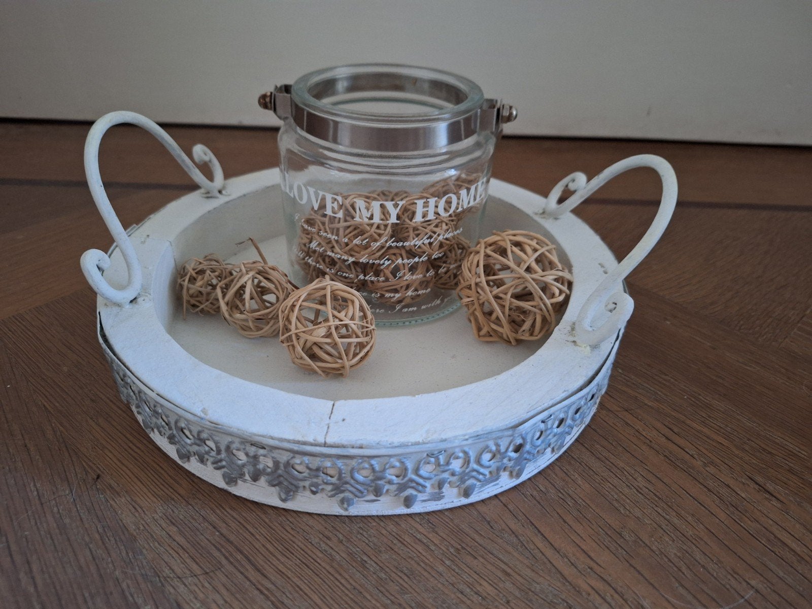 Decoratieve set: wit dienblad met glazen winndlicht, Hout, Ophalen of Verzenden, Wit, Landelijk