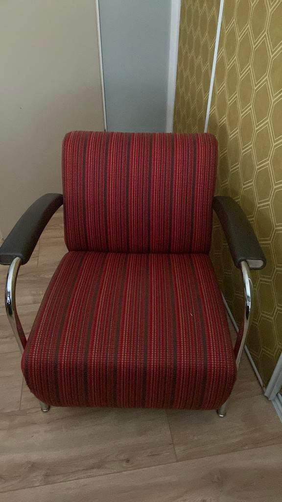 Leolux Scylla fauteuil leer en stof rood en bruin gestreept, Ophalen, Gebruikt, Leer, 75 tot 100 cm
