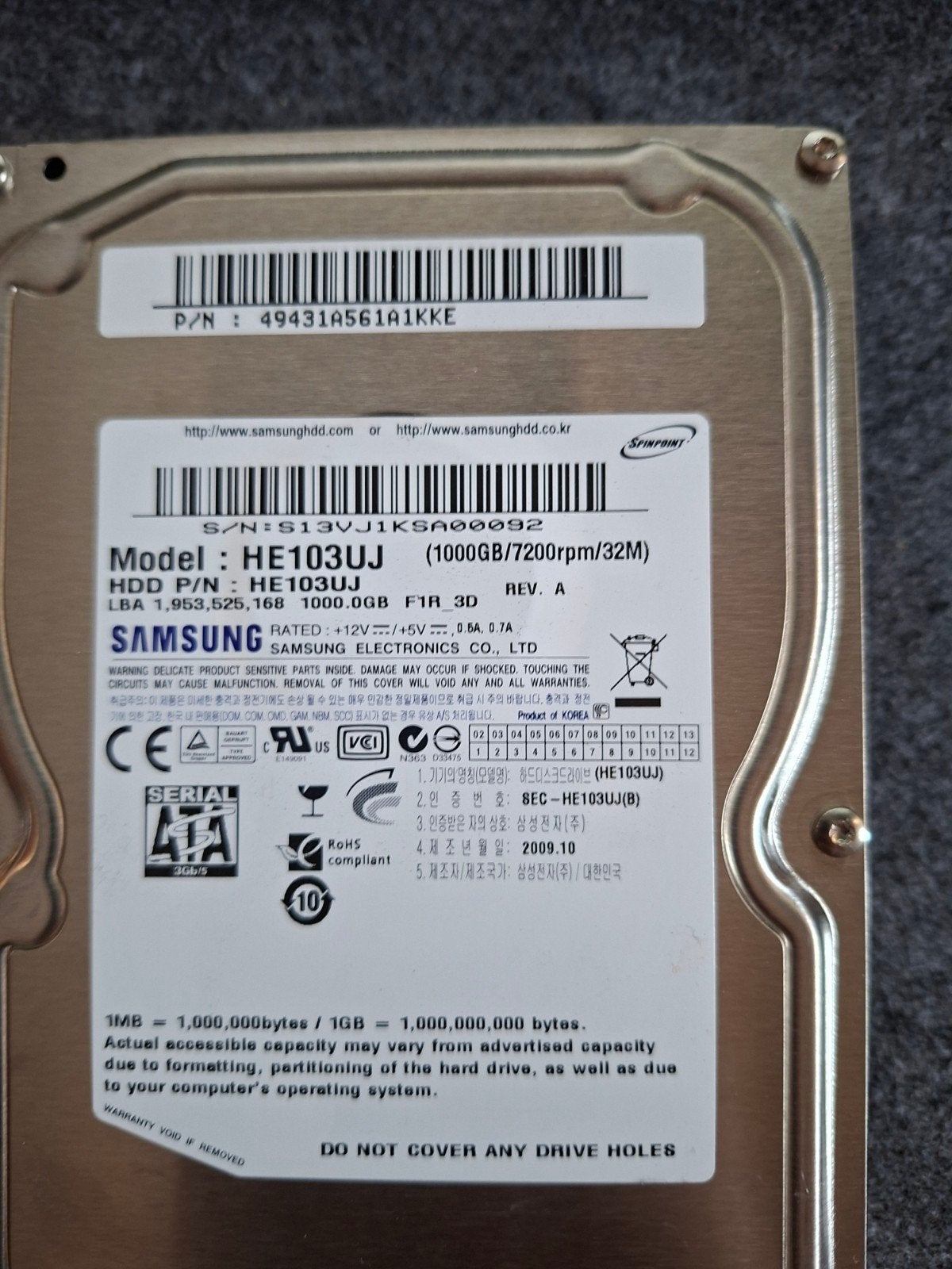 Samsung HDD 1TB, Computers en Software, Harde schijven, Ophalen of Verzenden, Desktop