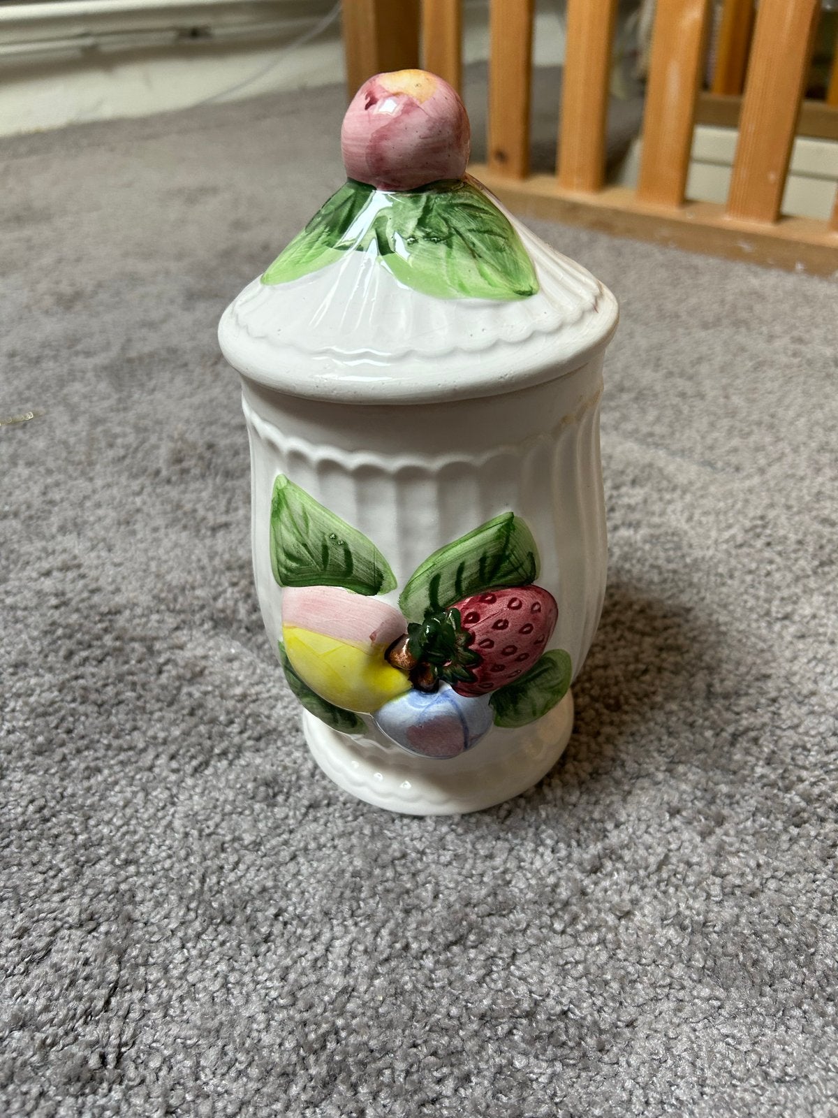 Schattige voorraadpot met fruitdecoratie, Huis en Inrichting, Ophalen, Zo goed als nieuw, Voorraadpot, Steen/keramiek