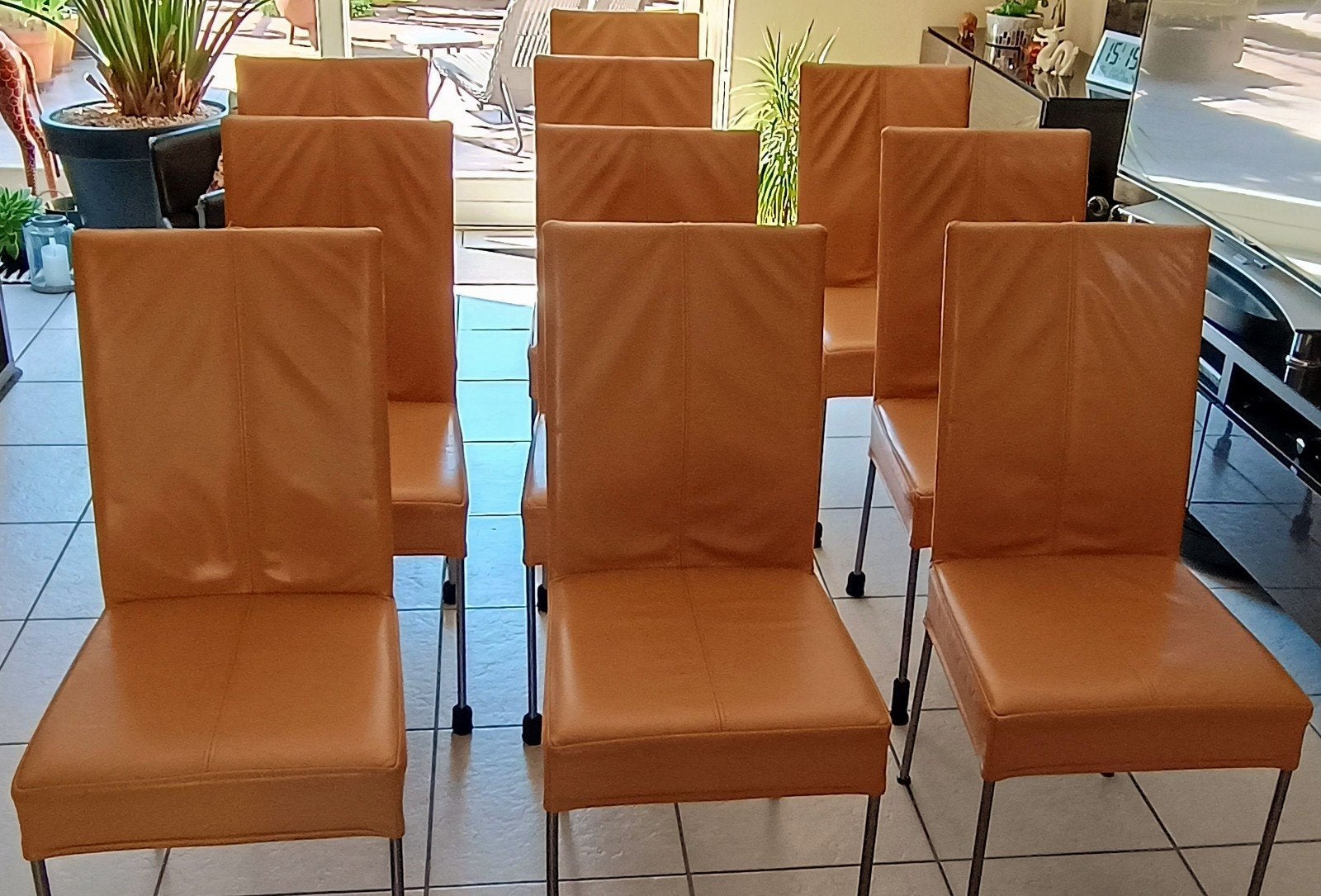 Leren eettafel stoelen okergeel, Huis en Inrichting, Stoelen, Ophalen, Gebruikt