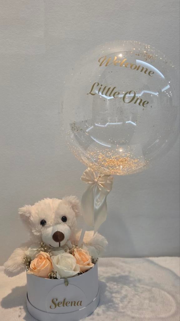 Bobo ballon met Beertje in Flower box - Gepersonaliseerd, Ophalen of Verzenden, Nieuw