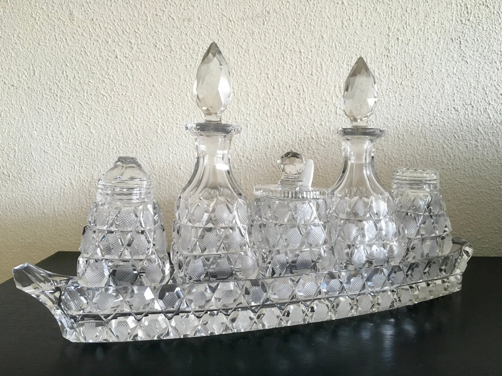 Vintage kristallen olie- en azijnstel met zout- en peperstel, Ophalen of Verzenden