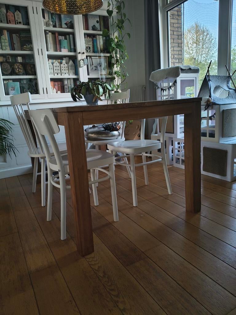 Robuuste houten eettafel - teak, Huis en Inrichting, Tafels | Eettafels, Ophalen, Gebruikt, 100 tot 150 cm, Rustiek, Modern Landelijk