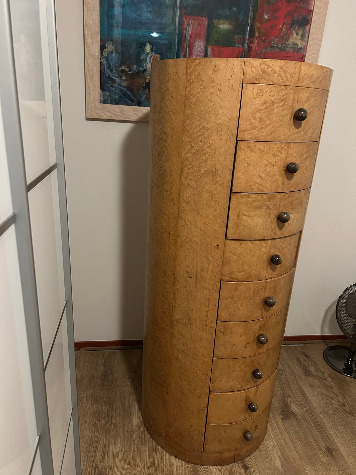 Ronde ladekast ontwerp Dick Dankers - 9 lades, 148cm hoog, Gebruikt, 5 laden of meer, 100 tot 150 cm, Overige houtsoorten