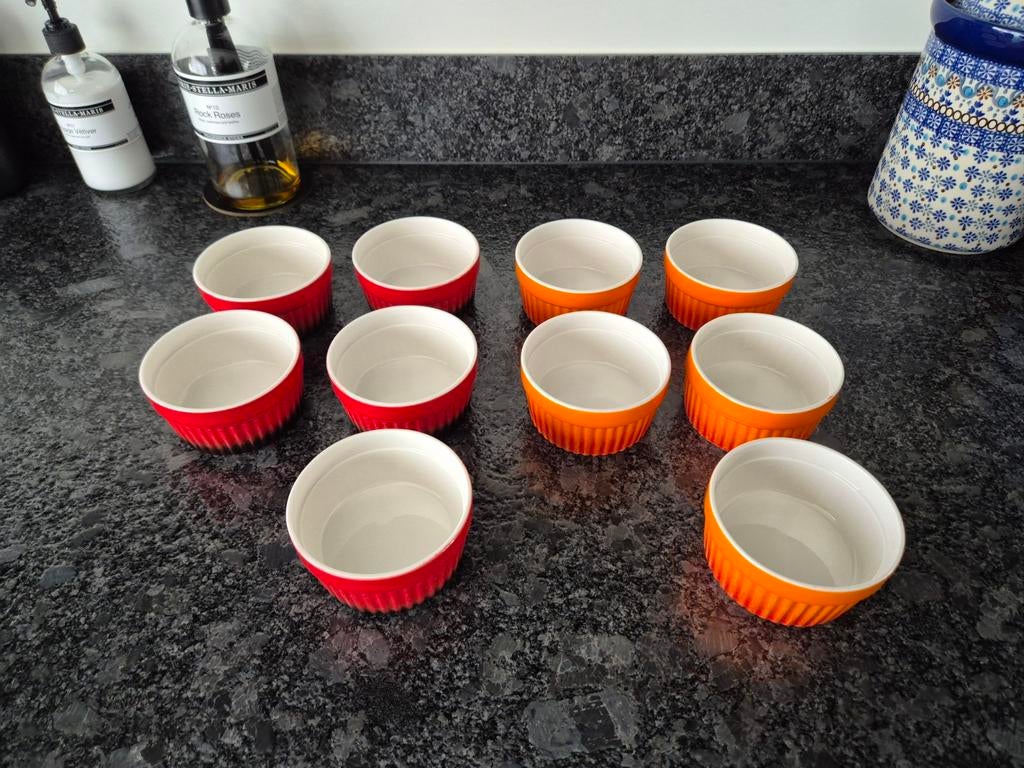 Siaki - Ramekin schaaltjes oranje en rood 10 stuks, Ophalen of Verzenden, Overige stijlen, Glas, Schaal of Schalen
