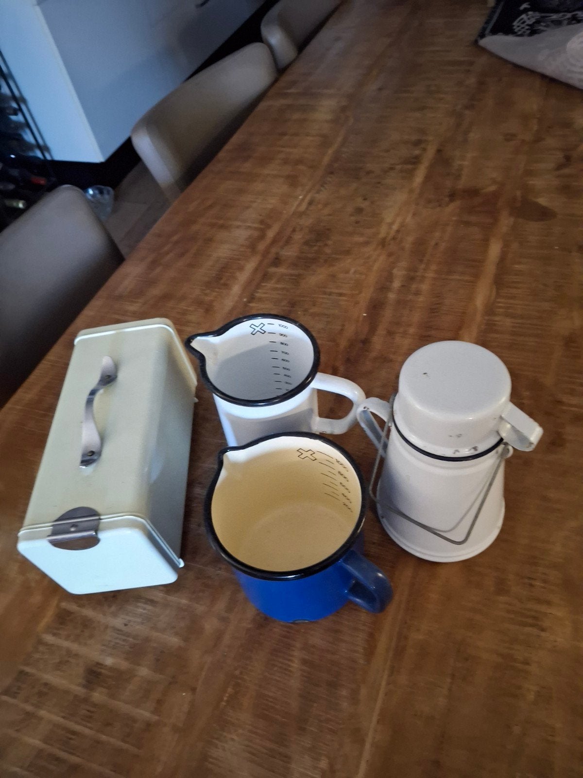 4 Delig Vintage Origineel Uniek Emaille Keukenset, Ophalen of Verzenden