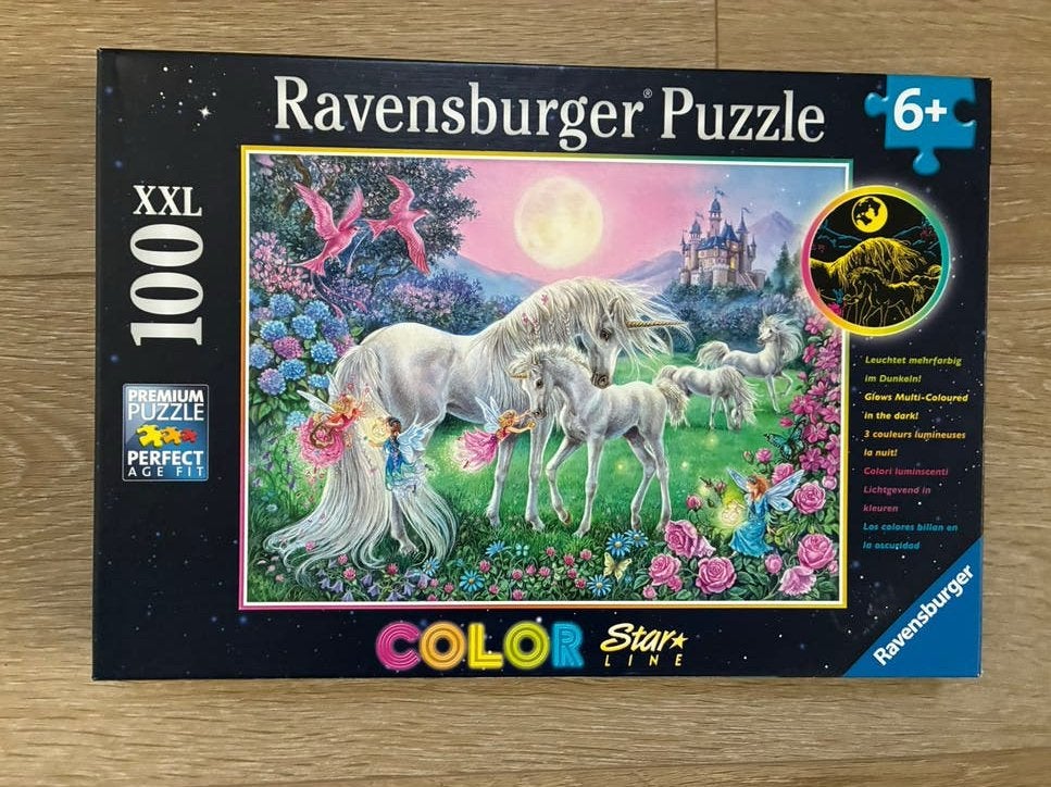 Ravensburger XXL 100 puzzel eenhoorn glow in the dark, Ophalen, Minder dan 500 stukjes, Zo goed als nieuw
