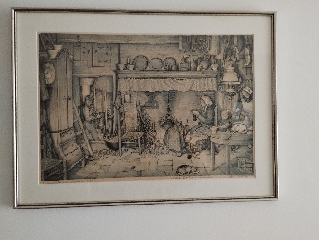 Jan Strube; litho; Boeren interieur omstreeks 1900, Ingelijst, Ophalen of Verzenden, Overige onderwerpen, Lithografie